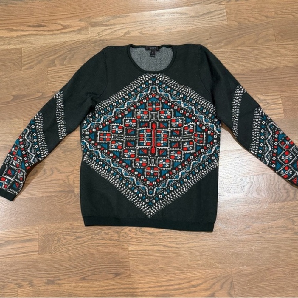J.crew Sweater 100% merino wool Sz M geometric Colorful Luxury Aztec